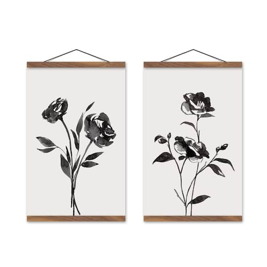 Inky Budded Roses 12" x 18" Teak Hanging Canvas - Set of 2